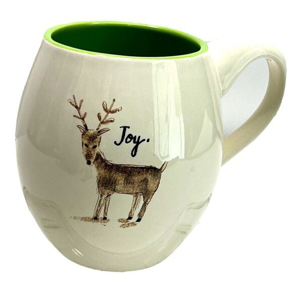 Rae Dunn Christmas JOY Reindeer Coffee Tea Mug Green Interior Artisan Collection - Picture 1 of 7